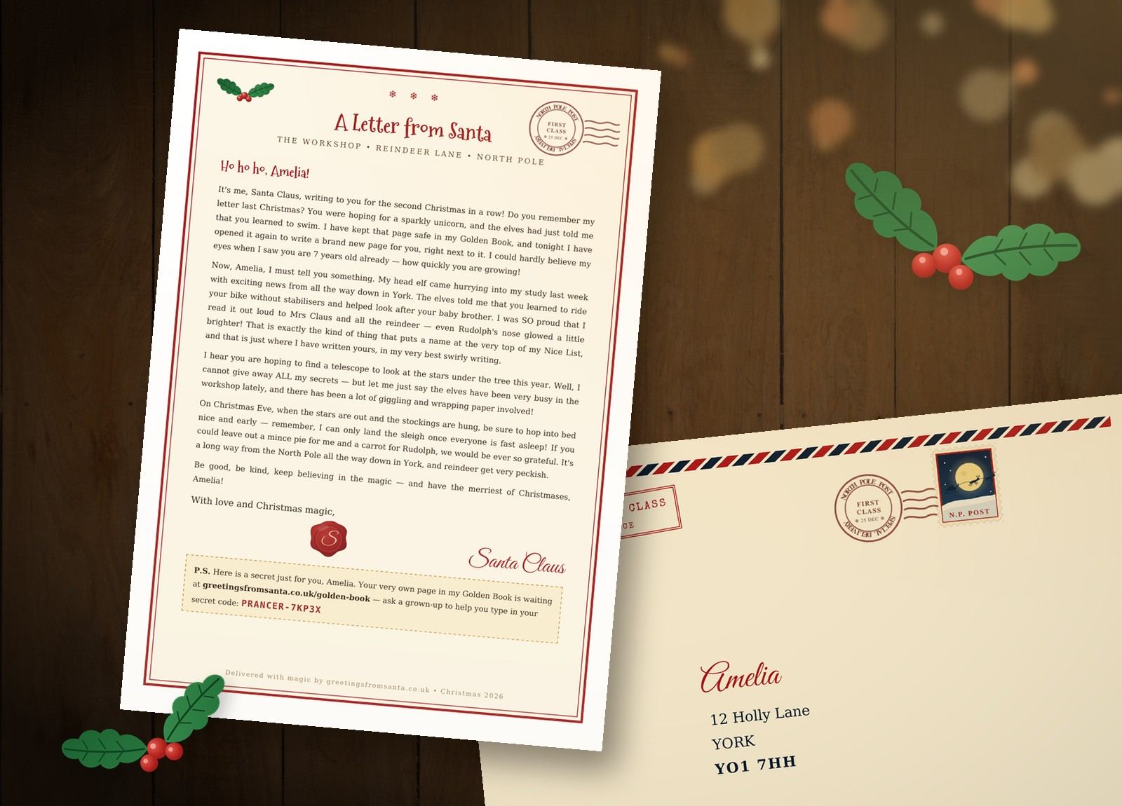 A personalised letter from Santa to Amelia beside its envelope, with a North Pole stamp and postmark